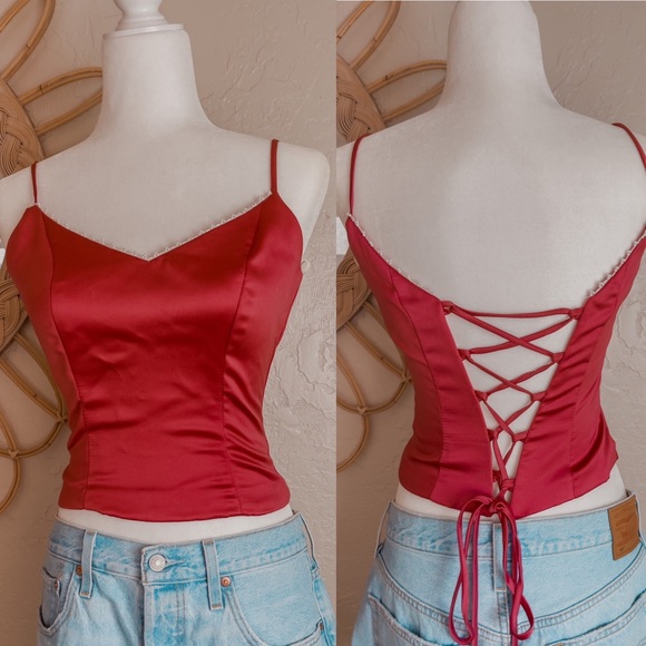 Vintage Tops - Vintage 90s Corset Satin Beaded Lingerie Sexy Crop Top
